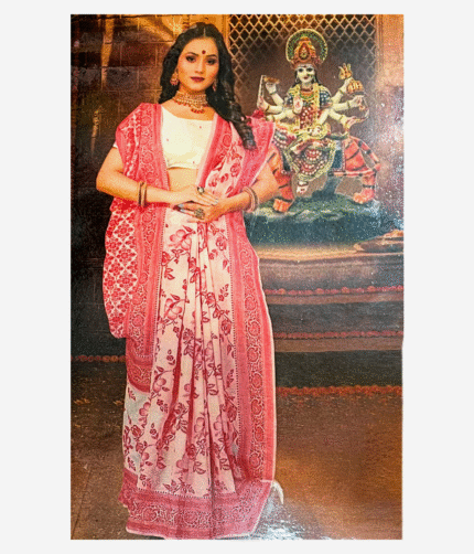 White Silk Printed Durga Puja Saree - Traditional Ethnic Wear for Ashtami Celebrations